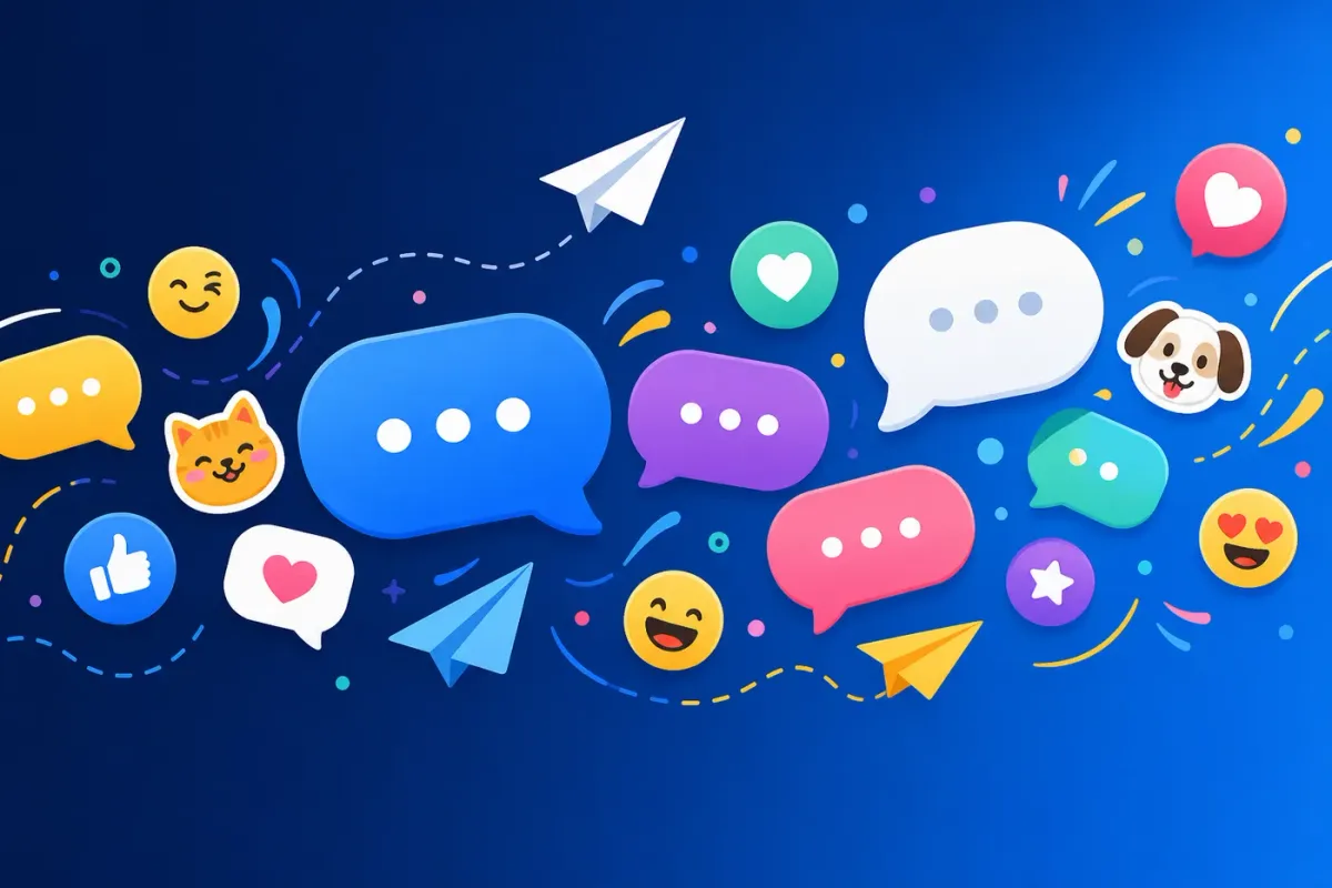 Барвиста банерна ілюстрація Telegram з реакціями та наклейками