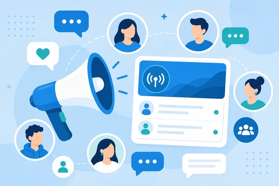 Ілюстрація каналу Telegram з мегафоном і передплатниками