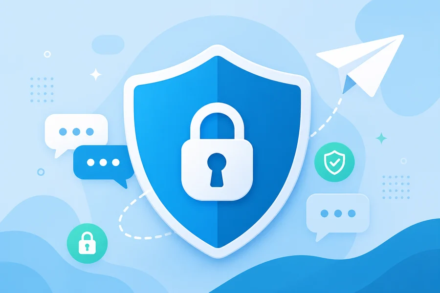 Ілюстрація безпеки Telegram — щит із замком і паперовий літак