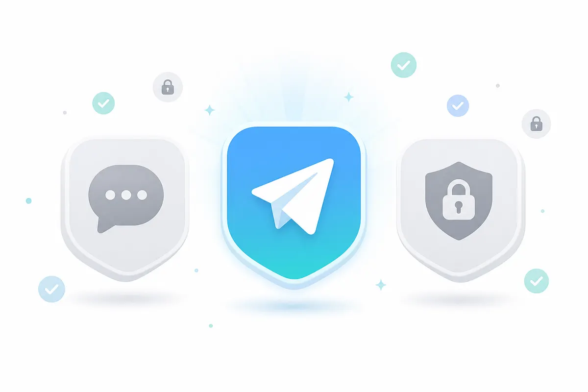 Telegram у вигляді трьох плиток з іконками чатів і безпеки
